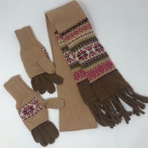 Gap Kids Fairisle Knit Winter Accessories Scarf and Gloves Bundle Set Brown Pink